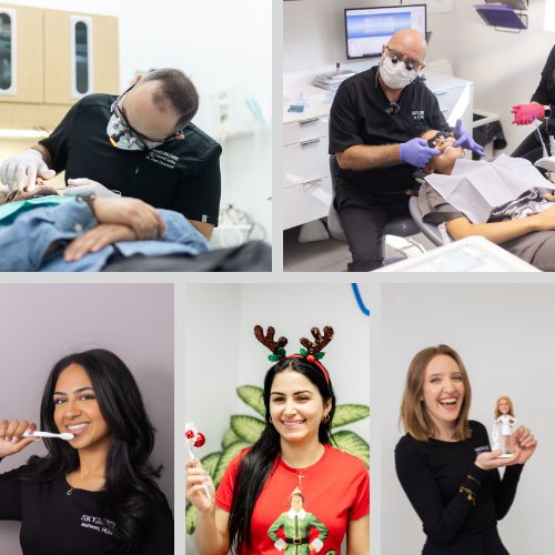 Composite of real photos captured during a CliniMedia clinic media day — team portraits and operatory b-roll