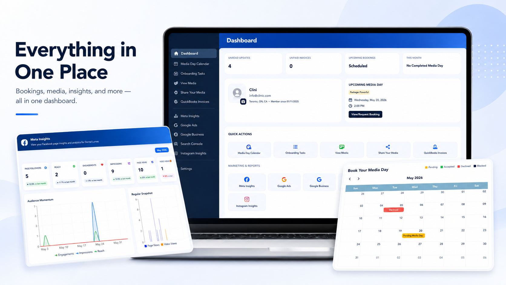 CliniMedia client portal — bookings, media library, Meta and Google Ads insights, and your media-day calendar in one dashboard